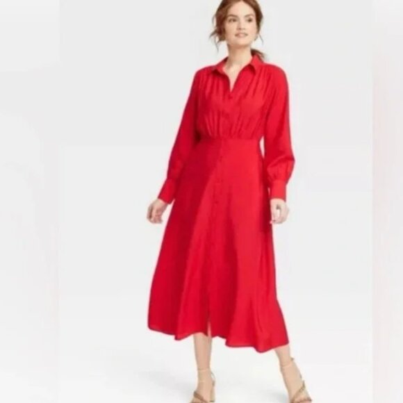 A New Day Red Button Front Long Sleeve Crepe Shirt Midi Dress NWT 2X - Picture 2 of 3